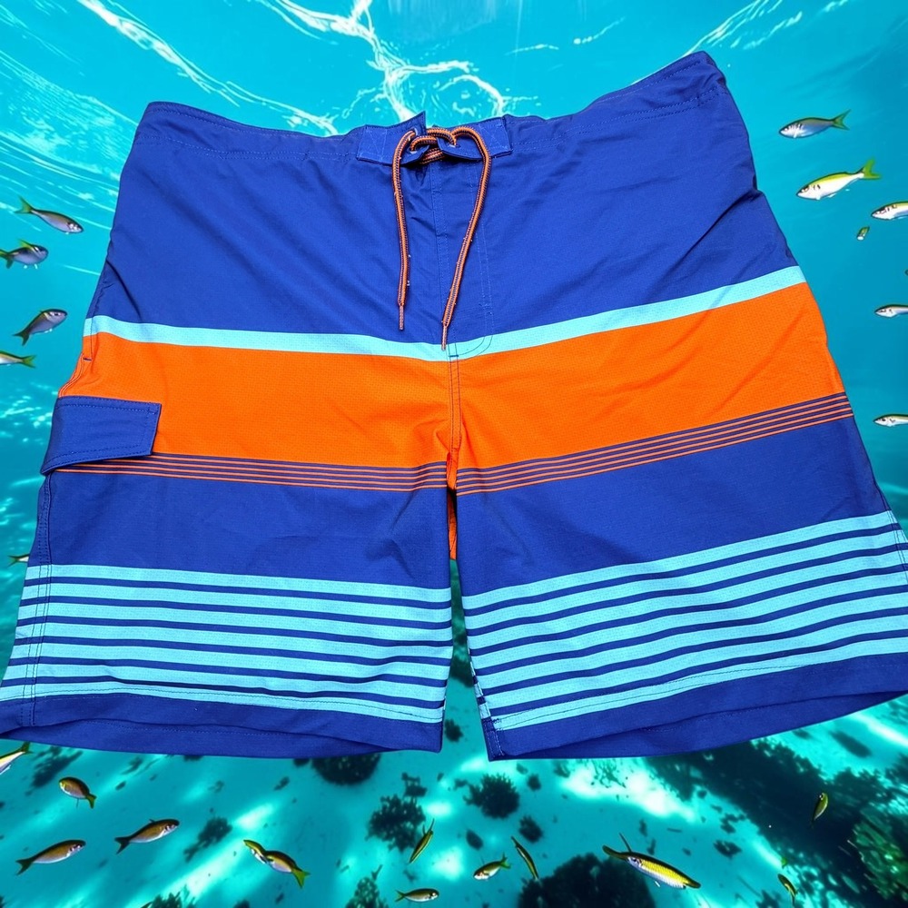 Board Shorts Swim Trunks Mens Sz 2XL 44-46 Blue Orange Striped Cargo Zip Pocket